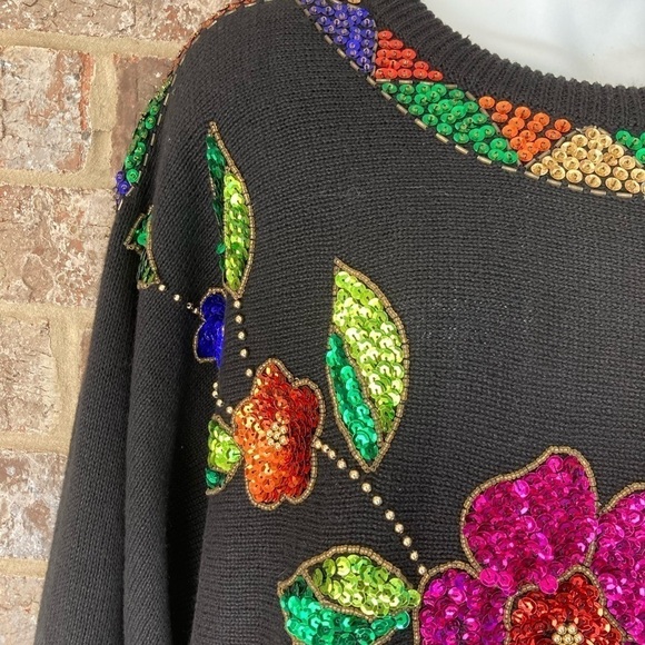 Mister Noah 20W Sequined Sweater Pullover Floral Flowers 90s Knit - Picture 8 of 13